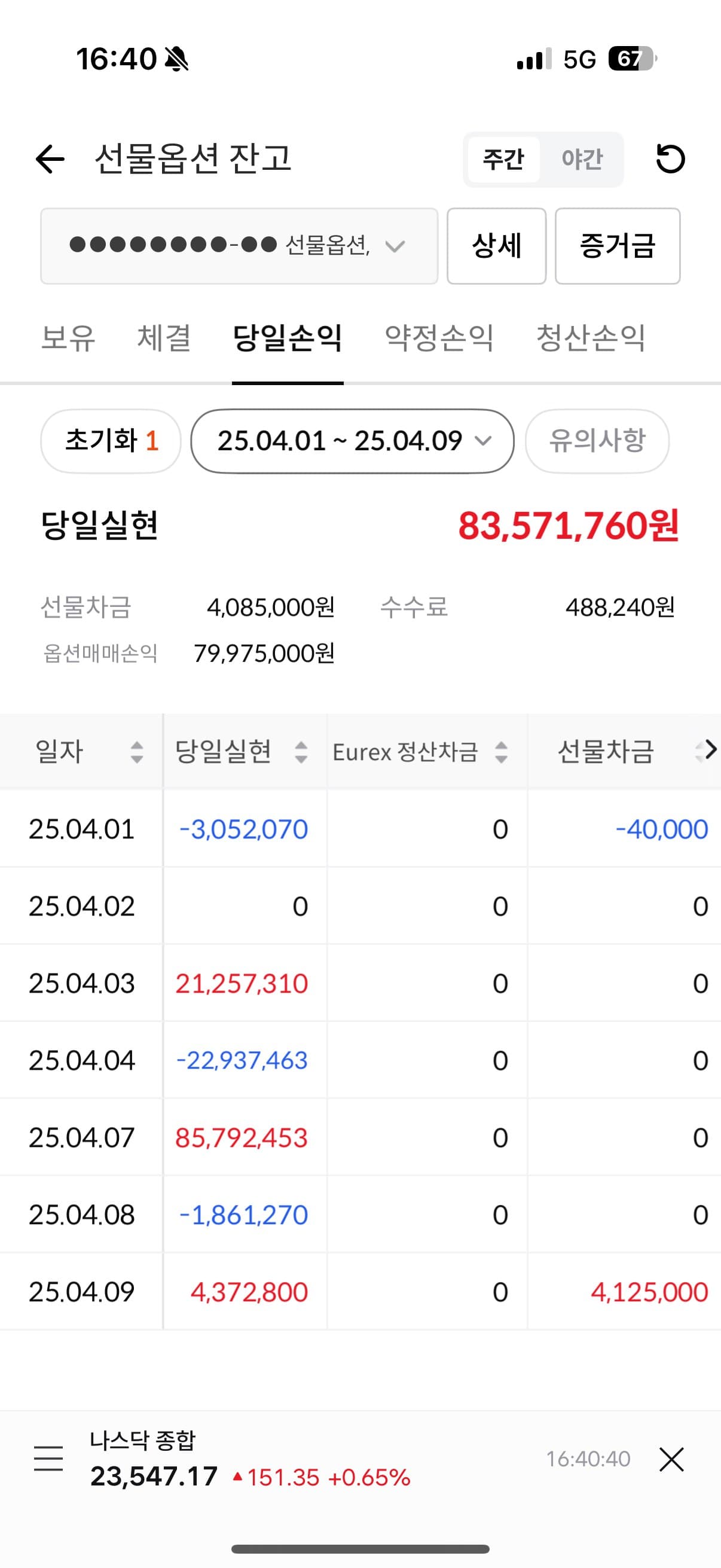 2025년 4월 구간 선물옵션 당일 실현손익 화면 (계좌번호 가림)